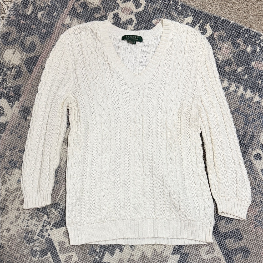 Ralph Lauren Cream Cable-Knit V-Neck Sweater